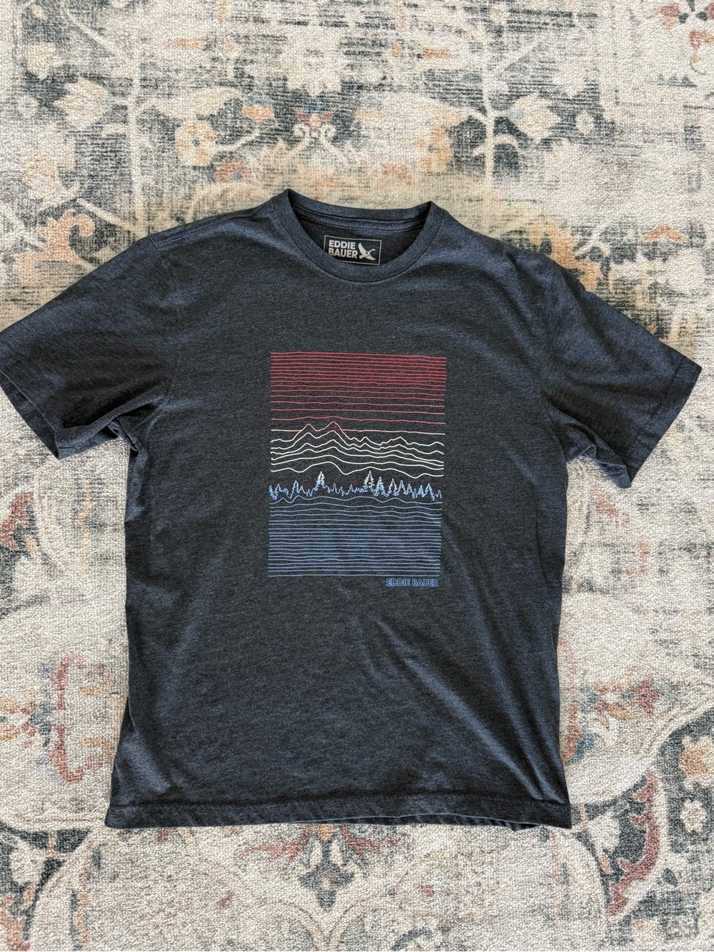 Eddie Bauer Charcoal Graphic Tee | Red, White, Blue Design | Topo Map
